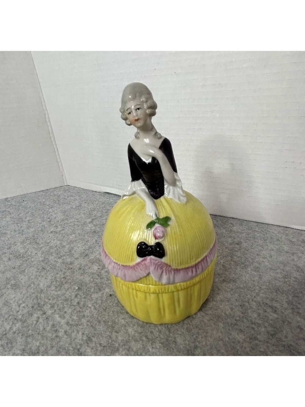 Vintage Half Doll Yellow Dress Powder Trinket Porcelain Box 3.5x6” No Flaws